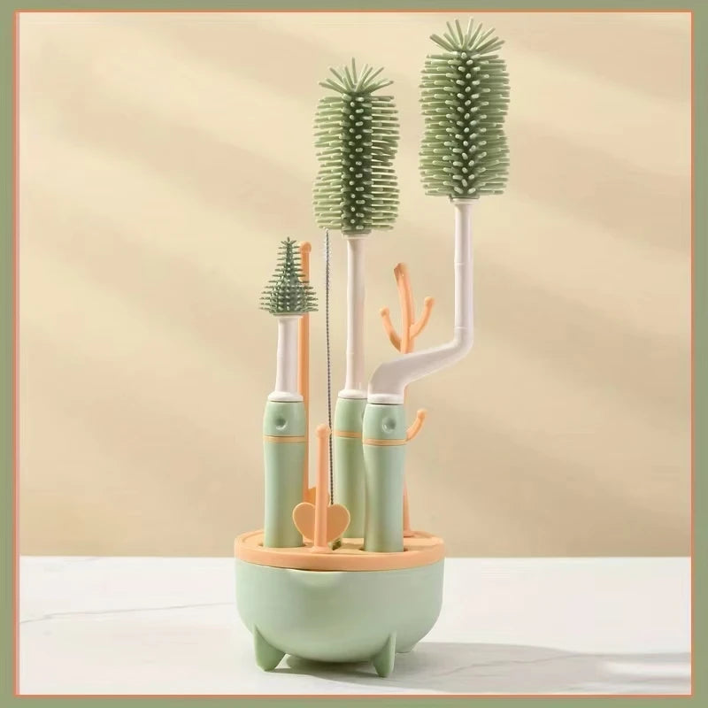 Portable 6 in 1 Baby Bottle Cleaner Set with Drying Rack 2 Silicone Baby Bottle Brushes Straw Brush Nipple Brush & Storage Box