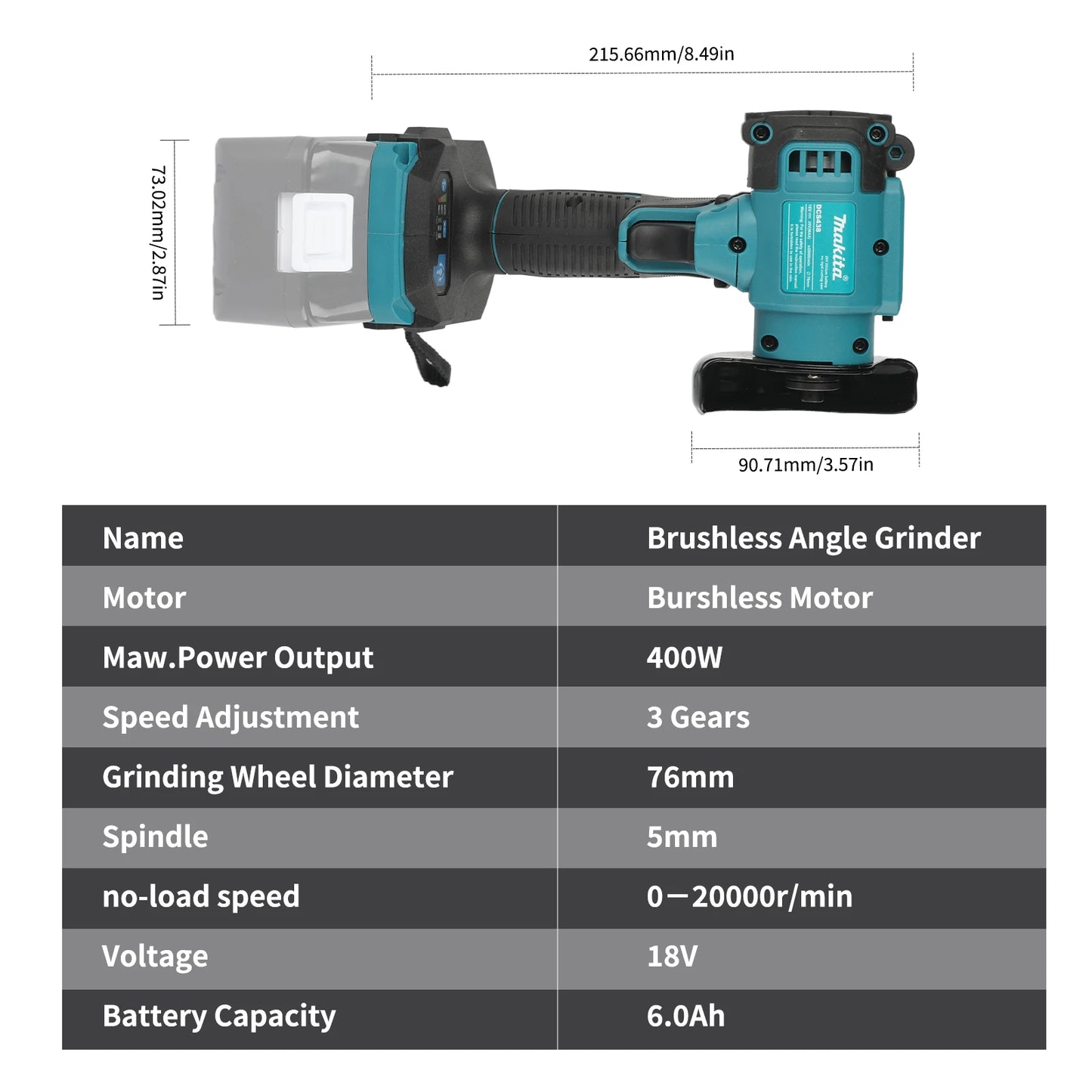 Makita MT438 18V Cordless Angle Grinder 3 Inch, Mini Polishing Grinding Machine Electric Cutting Tool for Small Works DIY