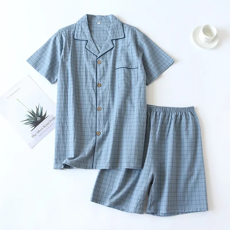 Men's Shorts Pajamas Suit for Summer Thin Short-sleeved Shorts Cotton Simple Plaid Design Pantalon Pijama Hombre Mens Sleepwear