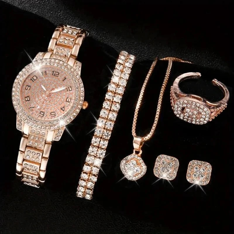 6PCS Luxury Rhinestone Women Quartz Watch Jewelry Set Elegant Ladies Wristwatch Accessories Gift Relogio Feminino(Without Box))