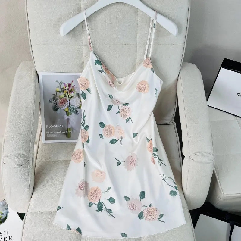 Summer Female Chemise Nightgown Sleepwear Print Flower Nightie Nightwear Sexy Strap Swing Collar Mini Nightdress Satin Home Wear