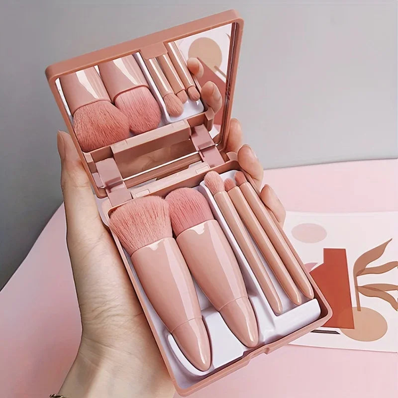 Mini Makeup Brush Set Travel Makeup Brush Set,5Pcs Portable Makeup Brush Set With Mirror - Foldable Travel Kit
