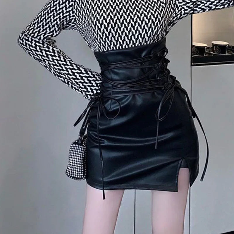 Veloura Black Leather Mini Skirts Women