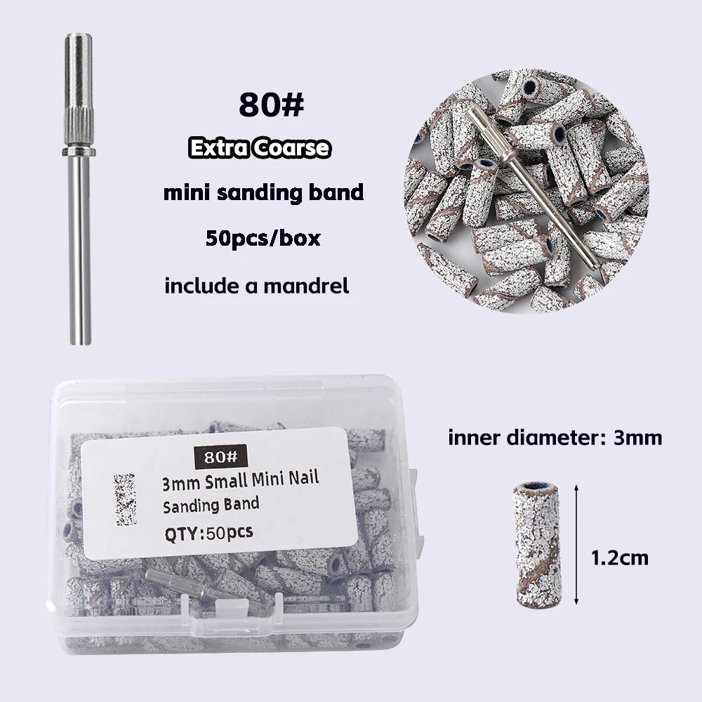 3mm Nail Sanding Bands-80/120/180/240 Grit Mini Nail Drill Bit Electric Nail File Accessory Polishing Manicure Tool 50 2030