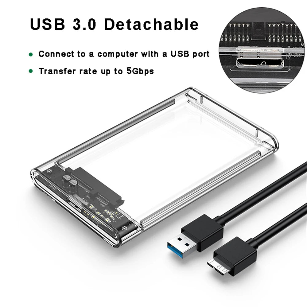 2.5inch USB 3.0 HDD Enclosure SATA SSD Hard Drive Case with 5Gbps Transfer Speed Mobile External Hard Disk Box with Cable