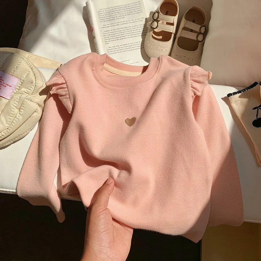 2025 Spring Girls Tees Top Lotus Sleeve Solid Colour Heart Long Sleeve T-Shirt Women Baby Cute Bottom Shirt Pajamas