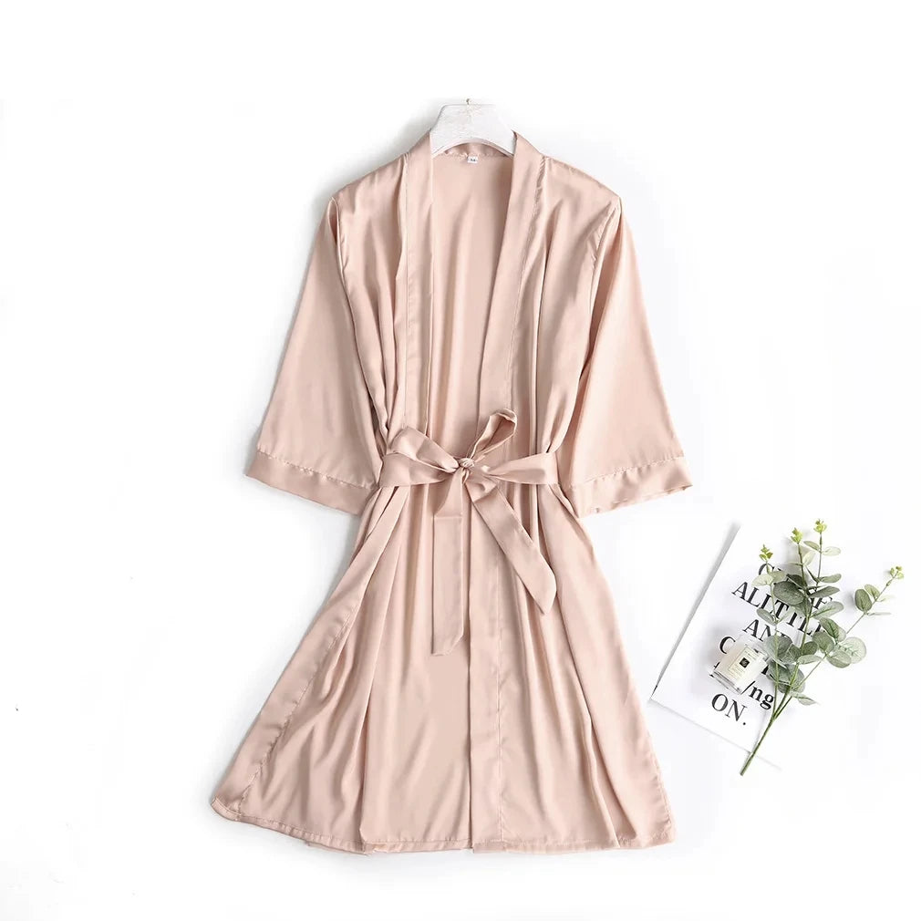 Women Wedding White Bride Robe Morning Gown 3/4 Sleeve Sleepwear Loose Nightgown Female Silk Satin Kimono Bathrobe Lingerie