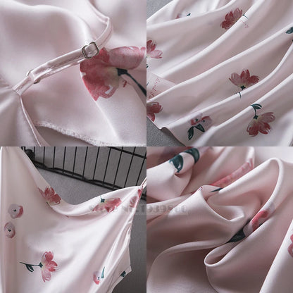 Summer Female Chemise Nightgown Sleepwear Print Flower Nightie Nightwear Sexy Strap Swing Collar Mini Nightdress Satin Home Wear