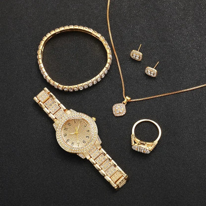 6PCS Luxury Rhinestone Women Quartz Watch Jewelry Set Elegant Ladies Wristwatch Accessories Gift Relogio Feminino（Without Box））