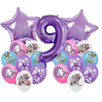 K P Foil Balloon Set Girl Group 1-9 Number & Purple Star Balloons Character Cake Toppers for Birthday Party & Photo Props