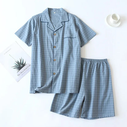 Men's Shorts Pajamas Suit for Summer Thin Short-sleeved Shorts Cotton Simple Plaid Design Pantalon Pijama Hombre Mens Sleepwear