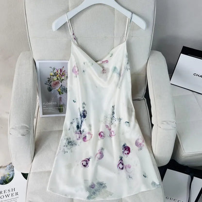 Summer Female Chemise Nightgown Sleepwear Print Flower Nightie Nightwear Sexy Strap Swing Collar Mini Nightdress Satin Home Wear