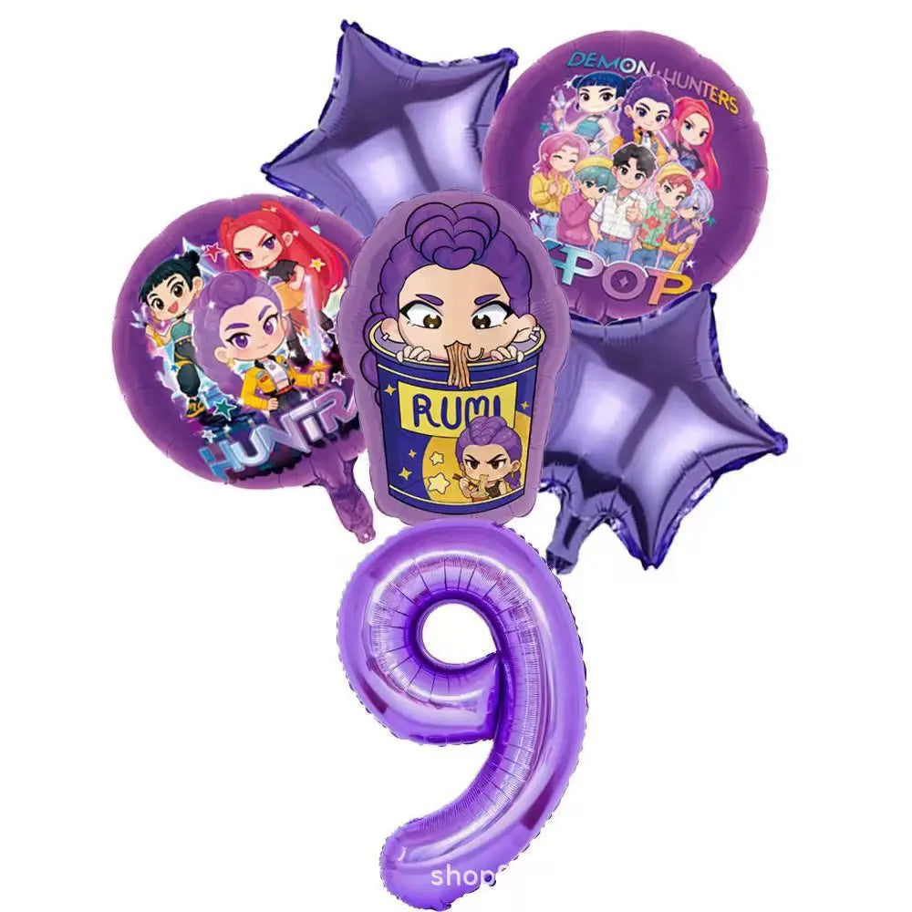 K P Foil Balloon Set Girl Group 1-9 Number & Purple Star Balloons Character Cake Toppers for Birthday Party & Photo Props