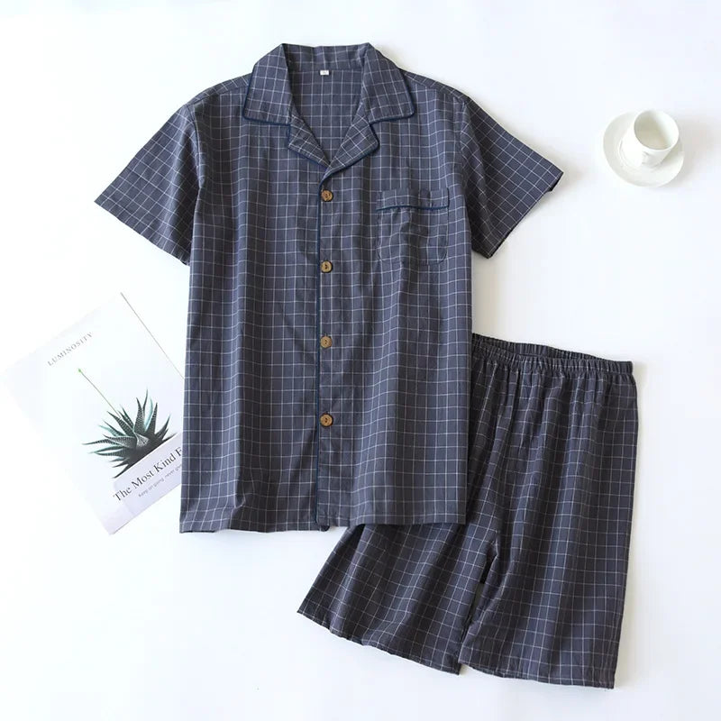Men's Shorts Pajamas Suit for Summer Thin Short-sleeved Shorts Cotton Simple Plaid Design Pantalon Pijama Hombre Mens Sleepwear