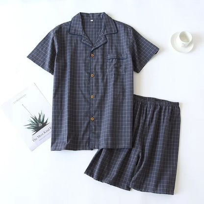 Men's Shorts Pajamas Suit for Summer Thin Short-sleeved Shorts Cotton Simple Plaid Design Pantalon Pijama Hombre Mens Sleepwear
