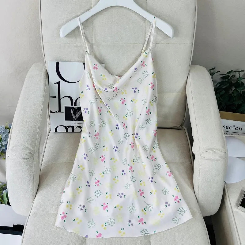 Summer Female Chemise Nightgown Sleepwear Print Flower Nightie Nightwear Sexy Strap Swing Collar Mini Nightdress Satin Home Wear