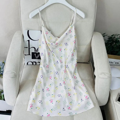 Summer Female Chemise Nightgown Sleepwear Print Flower Nightie Nightwear Sexy Strap Swing Collar Mini Nightdress Satin Home Wear