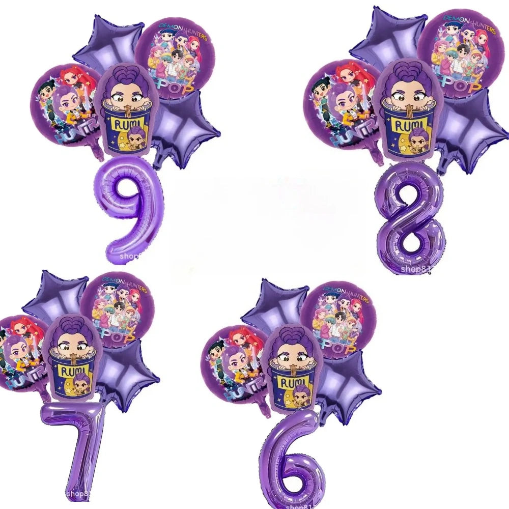 K P Foil Balloon Set Girl Group 1-9 Number & Purple Star Balloons Character Cake Toppers for Birthday Party & Photo Props