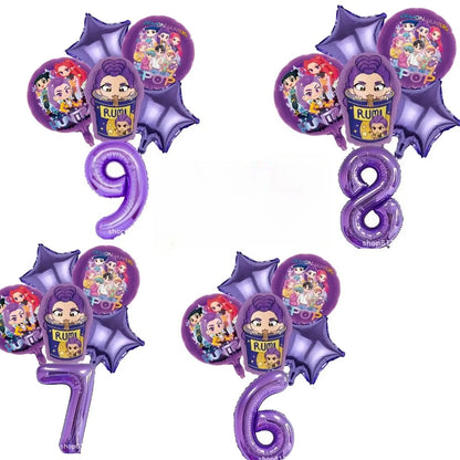 K P Foil Balloon Set Girl Group 1-9 Number & Purple Star Balloons Character Cake Toppers for Birthday Party & Photo Props