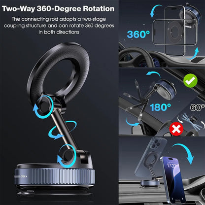 Upgraded Foldable Magnetic Car Phone Mount – 360° Rotatable, Dashboard Suction Cup, with Extra Mount Pad & Adjustment Wrench