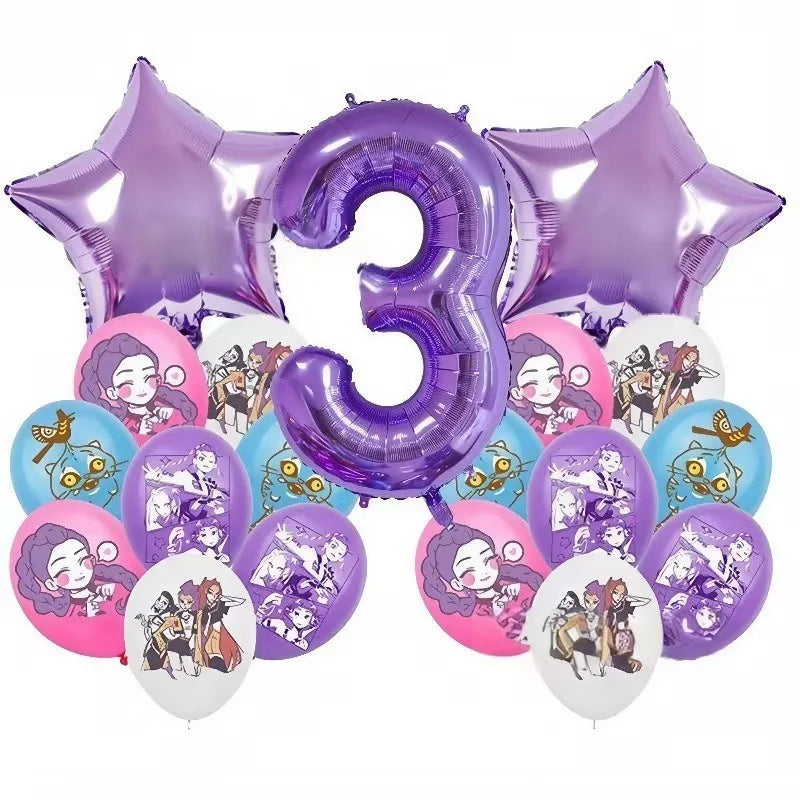 K P Foil Balloon Set Girl Group 1-9 Number & Purple Star Balloons Character Cake Toppers for Birthday Party & Photo Props