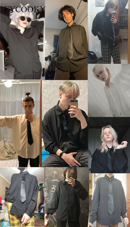 2025 Black Long-sleeved Shirts Men Korean Comfortable Blouses Casual Loose Single Breasted Shirt with Tie
