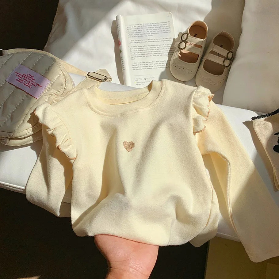 2025 Spring Girls Tees Top Lotus Sleeve Solid Colour Heart Long Sleeve T-Shirt Women Baby Cute Bottom Shirt Pajamas