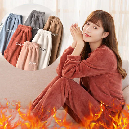 Women Warm Suit Coral Velvet Loungewear Loose Soft Fleece Thick Pajamas 2 Piece Set International Students Sleepwear Winter