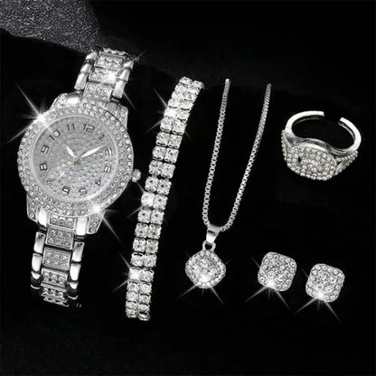 6PCS Luxury Rhinestone Women Quartz Watch Jewelry Set Elegant Ladies Wristwatch Accessories Gift Relogio Feminino（Without Box））