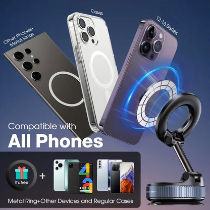 Upgraded Foldable Magnetic Car Phone Mount – 360° Rotatable, Dashboard Suction Cup, with Extra Mount Pad & Adjustment Wrench
