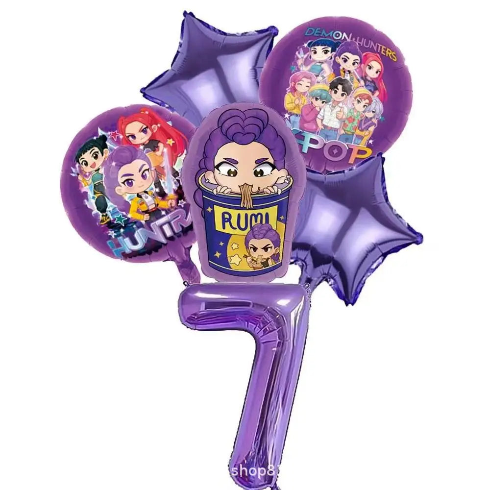 K P Foil Balloon Set Girl Group 1-9 Number & Purple Star Balloons Character Cake Toppers for Birthday Party & Photo Props