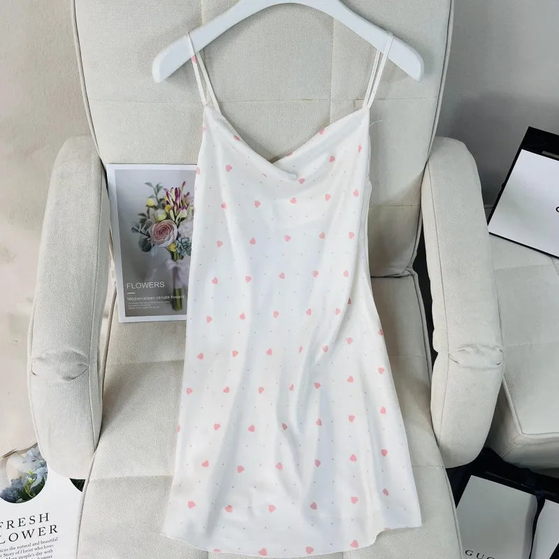 Summer Female Chemise Nightgown Sleepwear Print Flower Nightie Nightwear Sexy Strap Swing Collar Mini Nightdress Satin Home Wear
