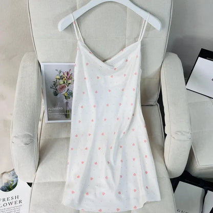 Summer Female Chemise Nightgown Sleepwear Print Flower Nightie Nightwear Sexy Strap Swing Collar Mini Nightdress Satin Home Wear