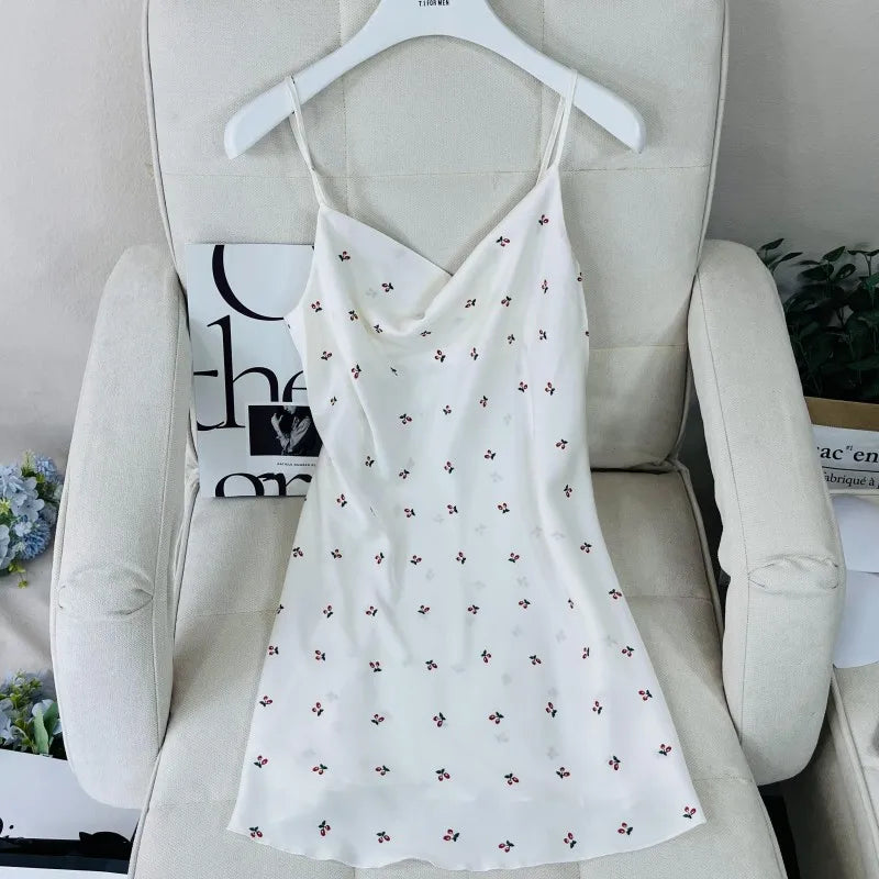 Summer Female Chemise Nightgown Sleepwear Print Flower Nightie Nightwear Sexy Strap Swing Collar Mini Nightdress Satin Home Wear