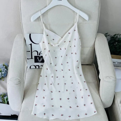 Summer Female Chemise Nightgown Sleepwear Print Flower Nightie Nightwear Sexy Strap Swing Collar Mini Nightdress Satin Home Wear