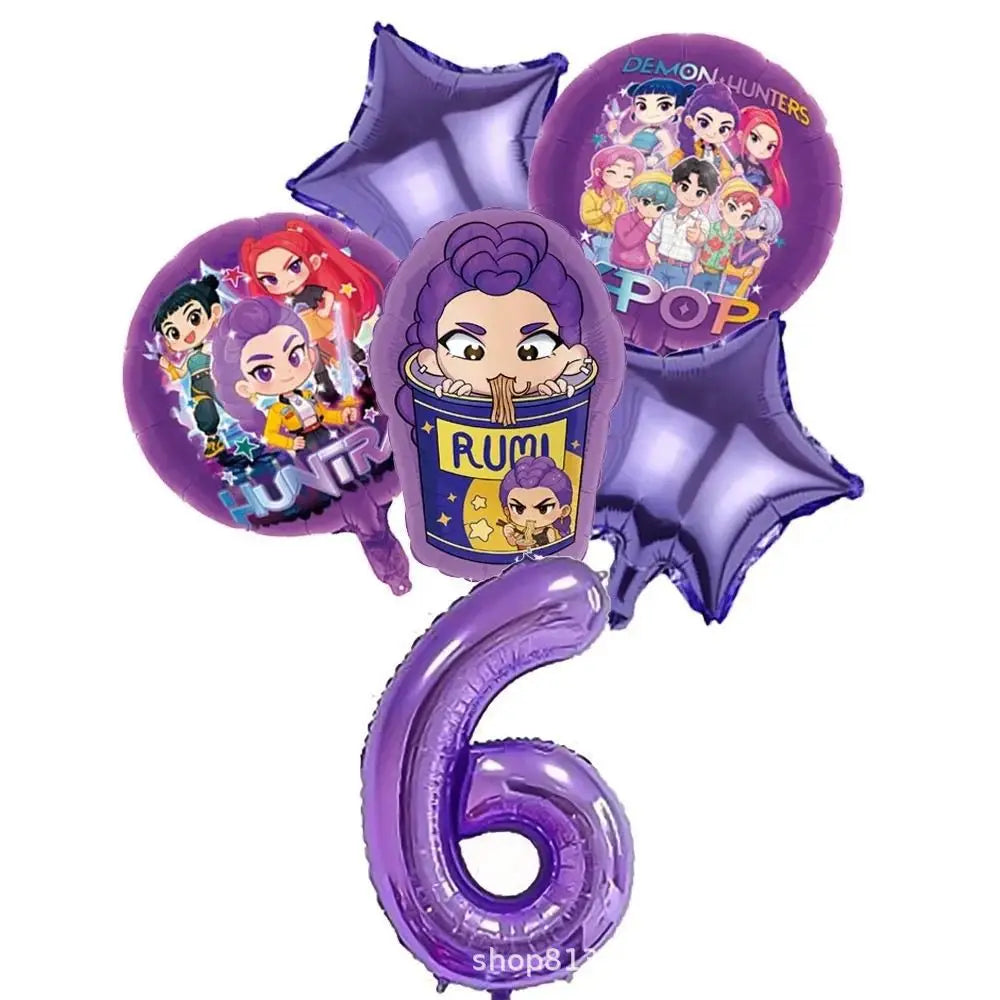 K P Foil Balloon Set Girl Group 1-9 Number & Purple Star Balloons Character Cake Toppers for Birthday Party & Photo Props