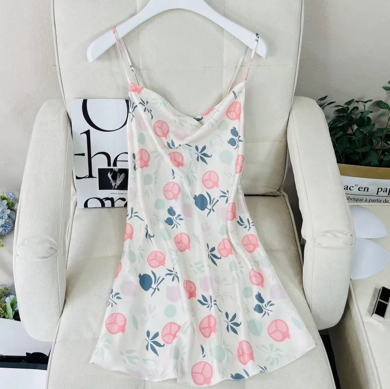 Summer Female Chemise Nightgown Sleepwear Print Flower Nightie Nightwear Sexy Strap Swing Collar Mini Nightdress Satin Home Wear