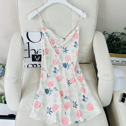 Summer Female Chemise Nightgown Sleepwear Print Flower Nightie Nightwear Sexy Strap Swing Collar Mini Nightdress Satin Home Wear