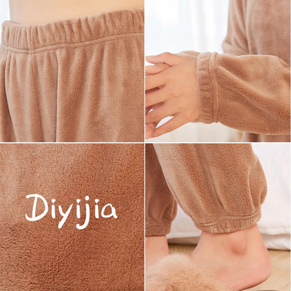 Women Warm Suit Coral Velvet Loungewear Loose Soft Fleece Thick Pajamas 2 Piece Set International Students Sleepwear Winter