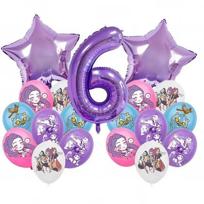 K P Foil Balloon Set Girl Group 1-9 Number & Purple Star Balloons Character Cake Toppers for Birthday Party & Photo Props