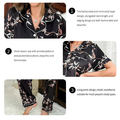 Satin Pajamas for Women Flower Print Sleepwear Autumn Home Clothes Soft Comfort Short Sleeve Tops & Pants Pyjama Pijama Femme