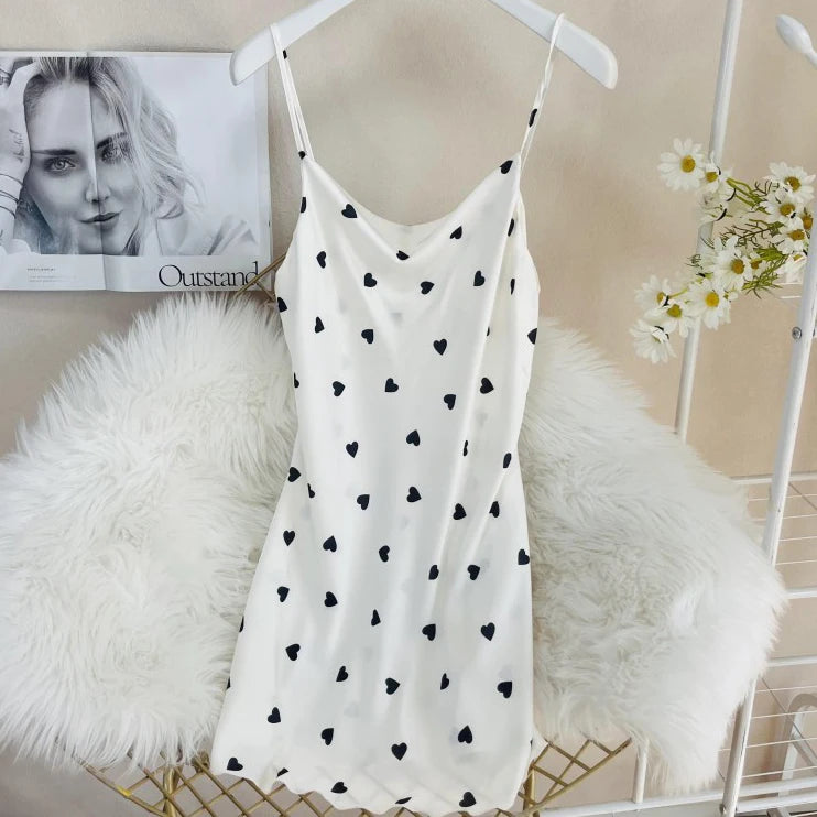 Summer Female Chemise Nightgown Sleepwear Print Flower Nightie Nightwear Sexy Strap Swing Collar Mini Nightdress Satin Home Wear