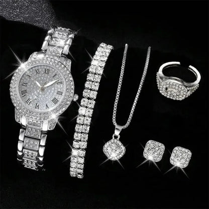 6PCS Luxury Rhinestone Women Quartz Watch Jewelry Set Elegant Ladies Wristwatch Accessories Gift Relogio Feminino（Without Box））