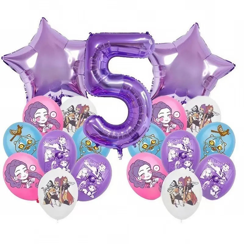 K P Foil Balloon Set Girl Group 1-9 Number & Purple Star Balloons Character Cake Toppers for Birthday Party & Photo Props