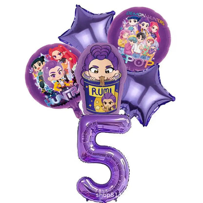 K P Foil Balloon Set Girl Group 1-9 Number & Purple Star Balloons Character Cake Toppers for Birthday Party & Photo Props