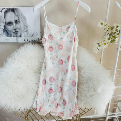 Summer Female Chemise Nightgown Sleepwear Print Flower Nightie Nightwear Sexy Strap Swing Collar Mini Nightdress Satin Home Wear