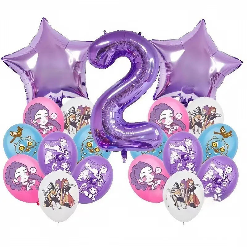 K P Foil Balloon Set Girl Group 1-9 Number & Purple Star Balloons Character Cake Toppers for Birthday Party & Photo Props