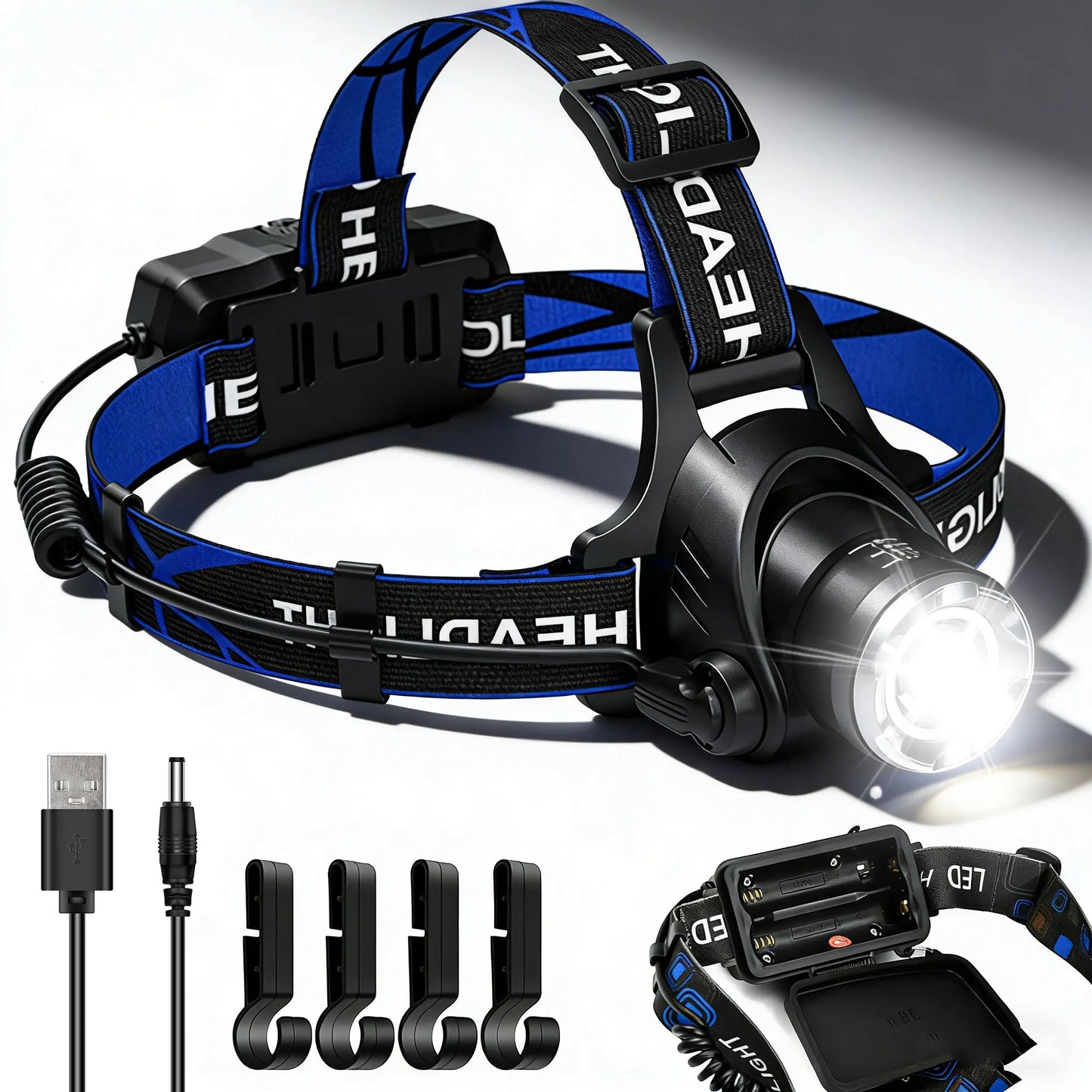 Rechargeable Powerful LED Headlamp with Zoomable Headlight - Outdoor Waterproof High Lumen Work Head Light use 18650 battery