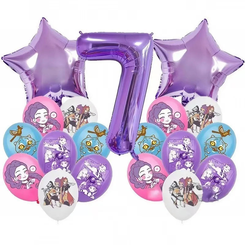K P Foil Balloon Set Girl Group 1-9 Number & Purple Star Balloons Character Cake Toppers for Birthday Party & Photo Props