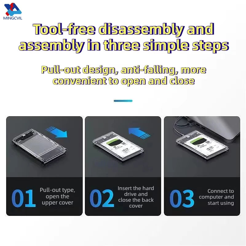 2.5inch USB 3.0 HDD Enclosure SATA SSD Hard Drive Case with 5Gbps Transfer Speed Mobile External Hard Disk Box with Cable